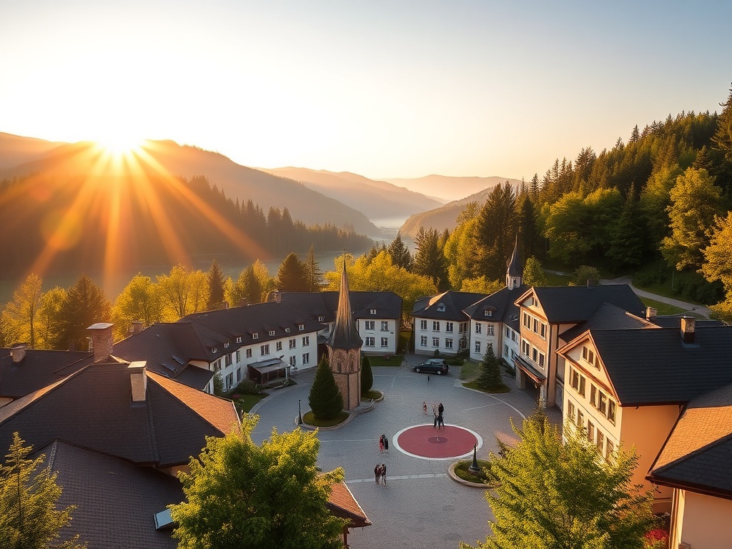 Widok na Karpacz z otaczającymi go Karkonoszami w słoneczny dzień podczas majówki.